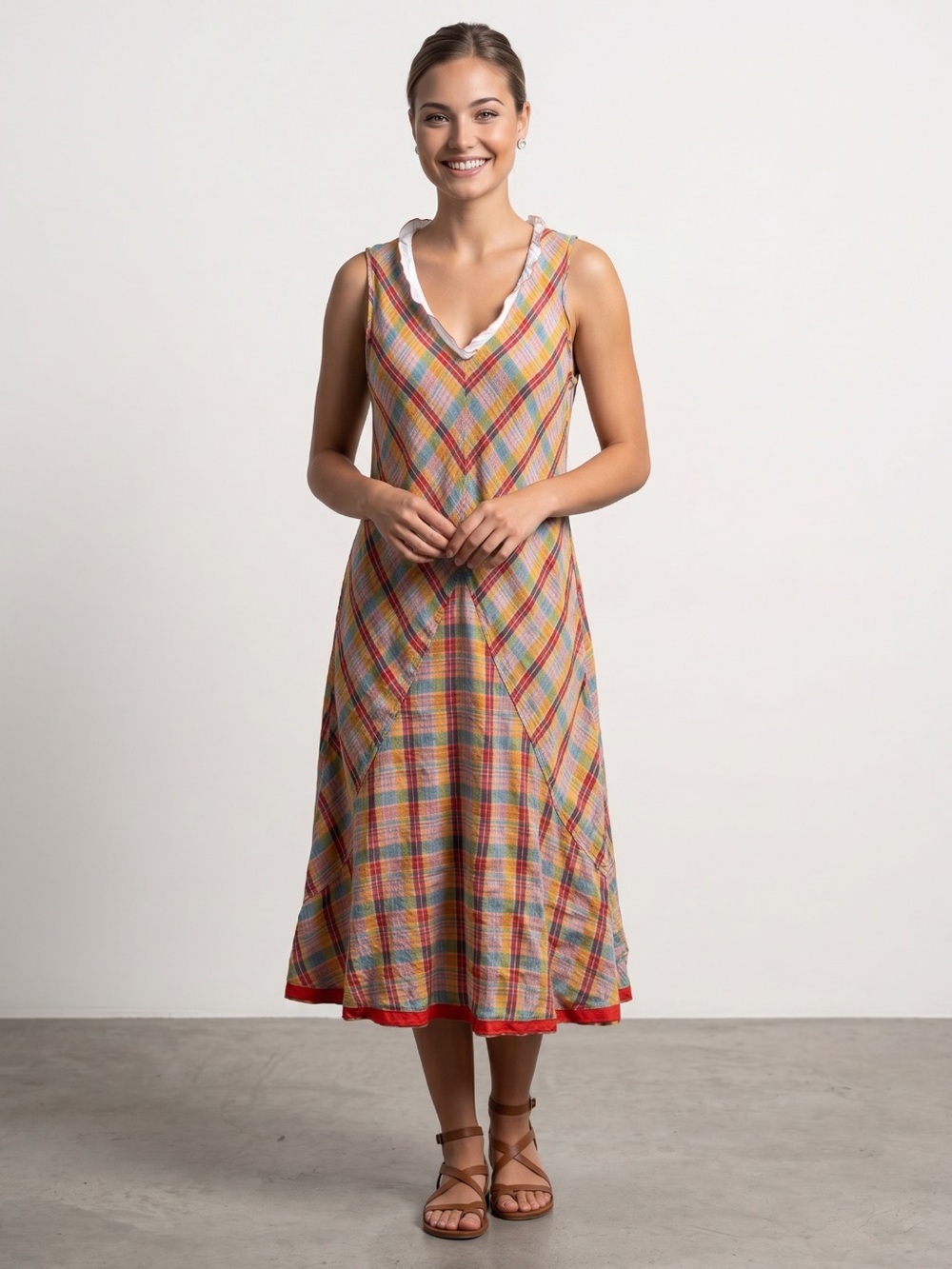 🌻Vintage Neesh by D.A.R. Madras Plaid Midi Dress A Line VNeck Sleeveless Size S